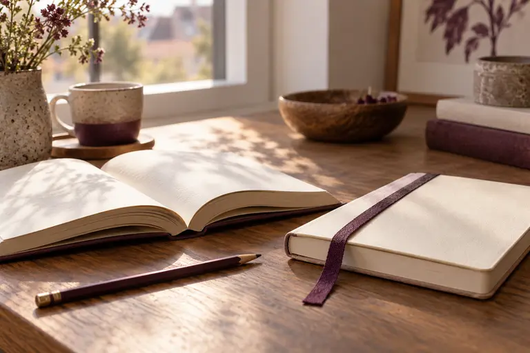 Aufgeschlagenes Buch und Notizbuch mit pflaumenfarbenem Lesezeichen am Fenster.